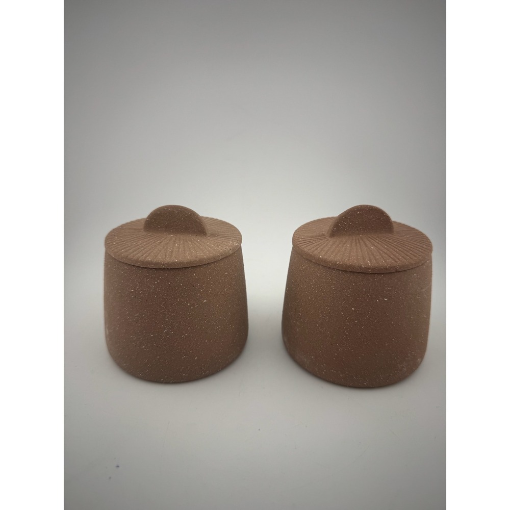 Citrine Brown Speckled Ceramic Spice Jar Set Two Lidded Containers